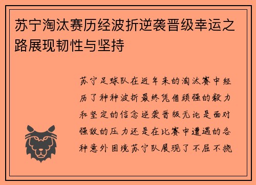 苏宁淘汰赛历经波折逆袭晋级幸运之路展现韧性与坚持