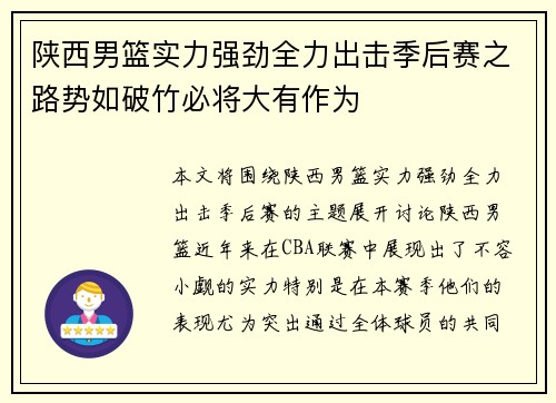 陕西男篮实力强劲全力出击季后赛之路势如破竹必将大有作为