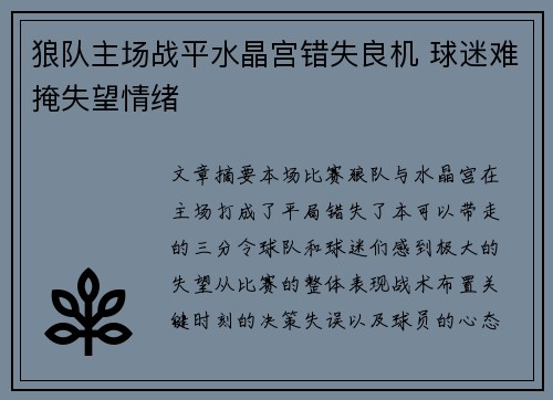 狼队主场战平水晶宫错失良机 球迷难掩失望情绪