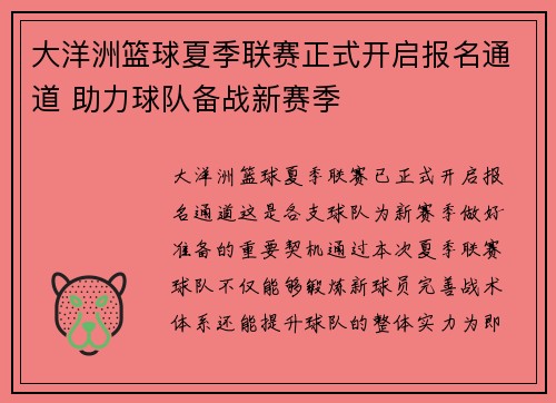 大洋洲篮球夏季联赛正式开启报名通道 助力球队备战新赛季